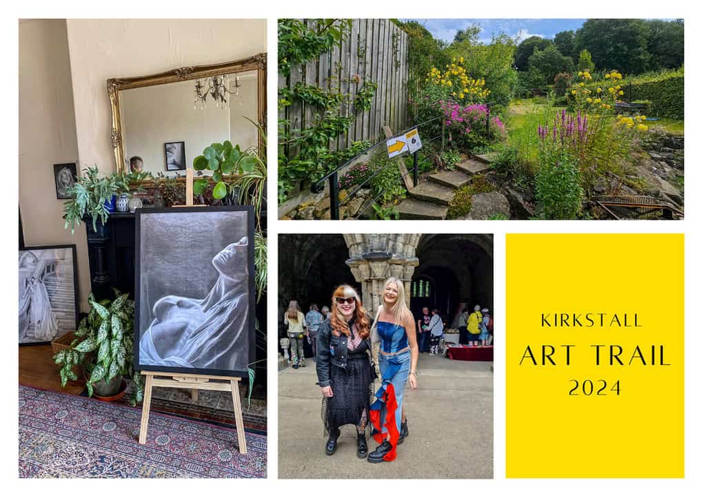 Images from the 2024 Kirkstall Art Trail. They are displayed in a collage and in a postcard format