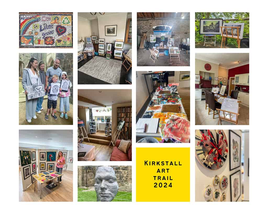Images from the 2024 Kirkstall Art Trail. They are displayed in a collage and in a postcard format