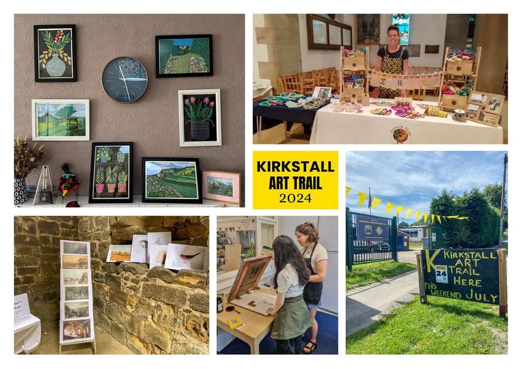 Images from the 2024 Kirkstall Art Trail. They are displayed in a collage and in a postcard format
