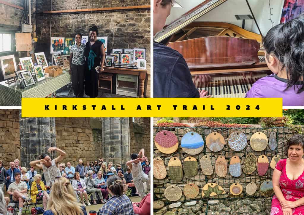 Images from the 2024 Kirkstall Art Trail. They are displayed in a collage and in a postcard format