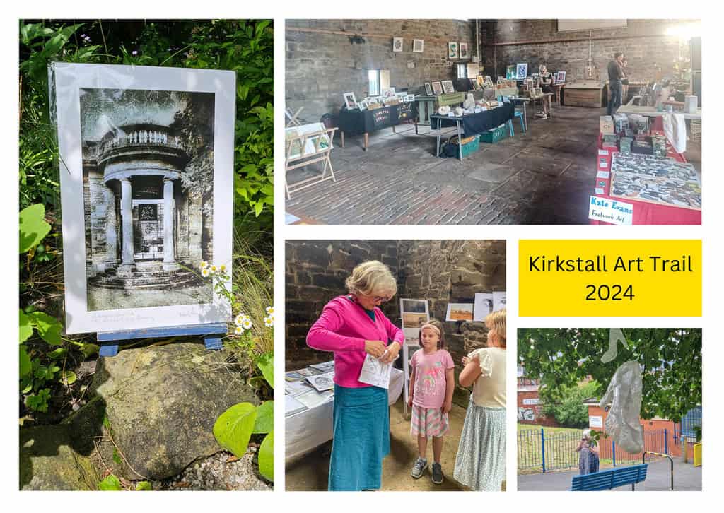 Images from the 2024 Kirkstall Art Trail. They are displayed in a collage and in a postcard format