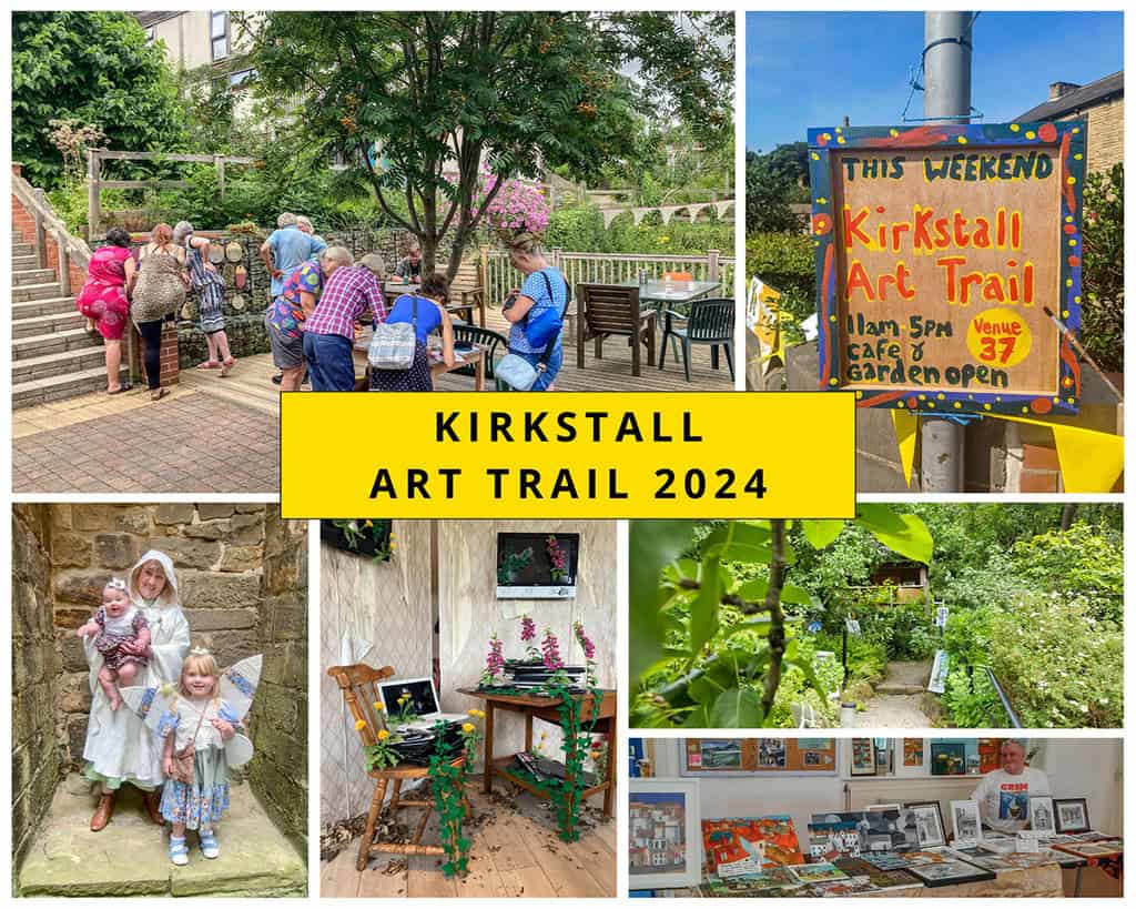 Images from the 2024 Kirkstall Art Trail. They are displayed in a collage and in a postcard format