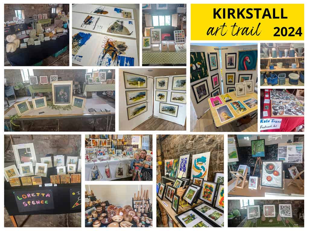 Images from the 2024 Kirkstall Art Trail. They are displayed in a collage and in a postcard format