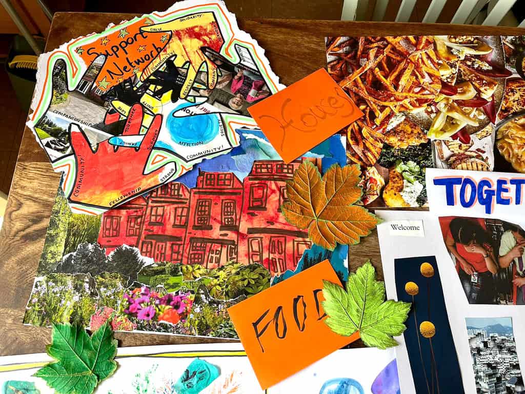 A table with work created at a community workshop