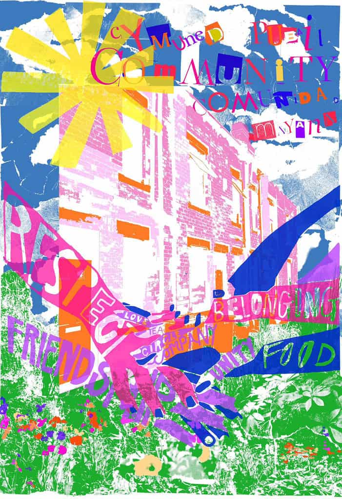 A colourful riso print, created from the work that was made during the communnity workshop