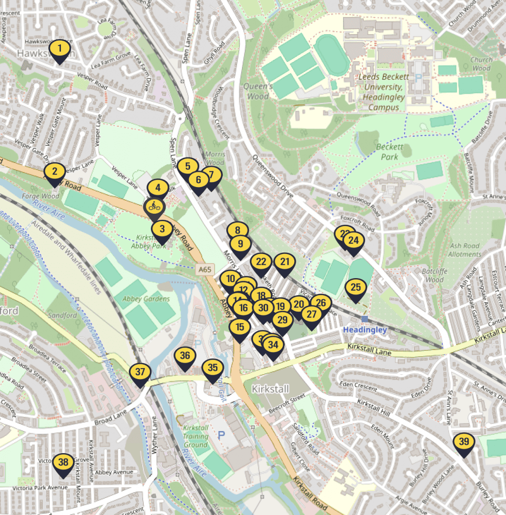 map of kirkstall showing the locations of the venues in 2024