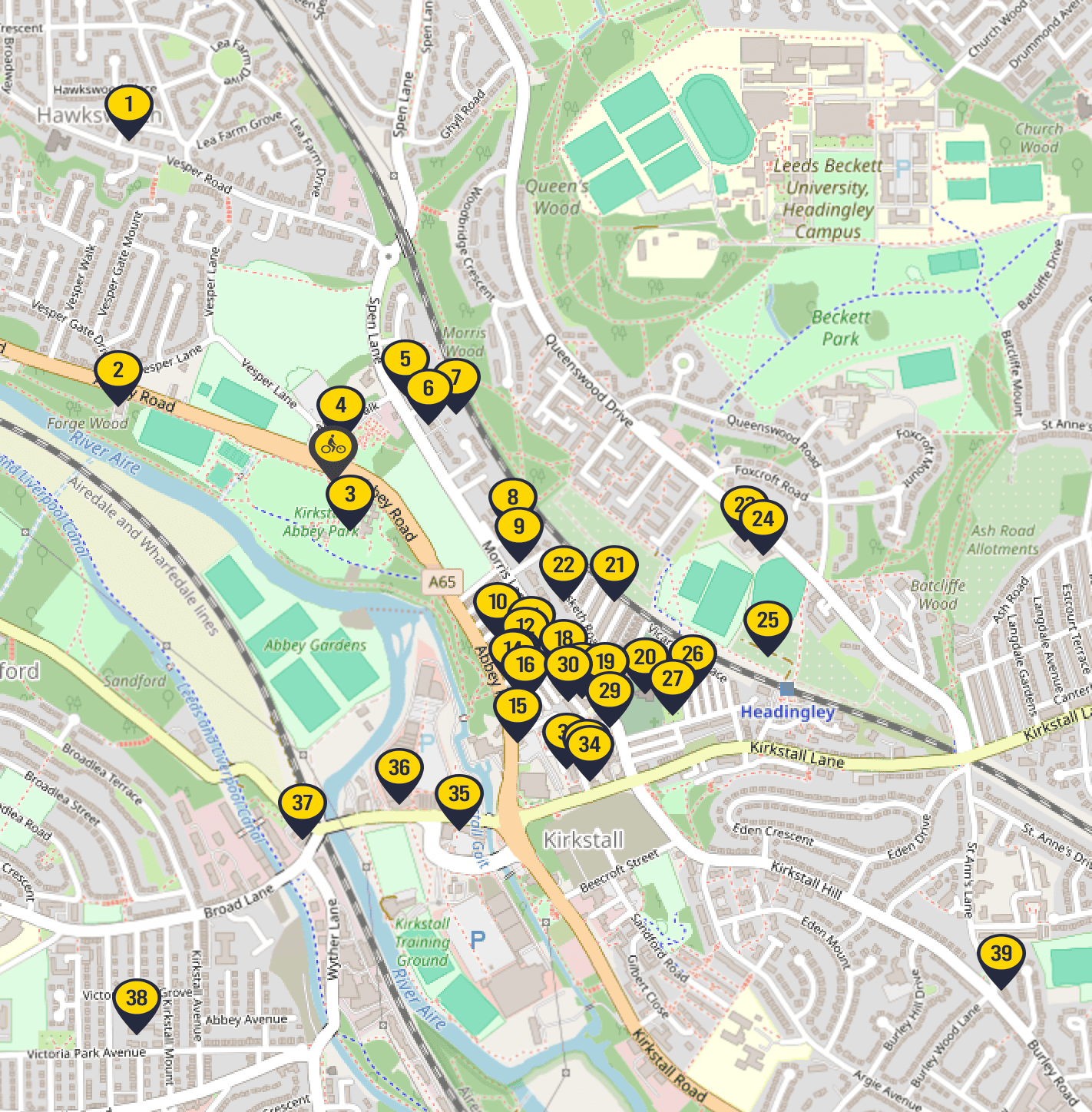 map of kirkstall showing the locations of the venues in 2024