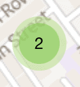 example of map marker clusters. green circle with a number in the centre