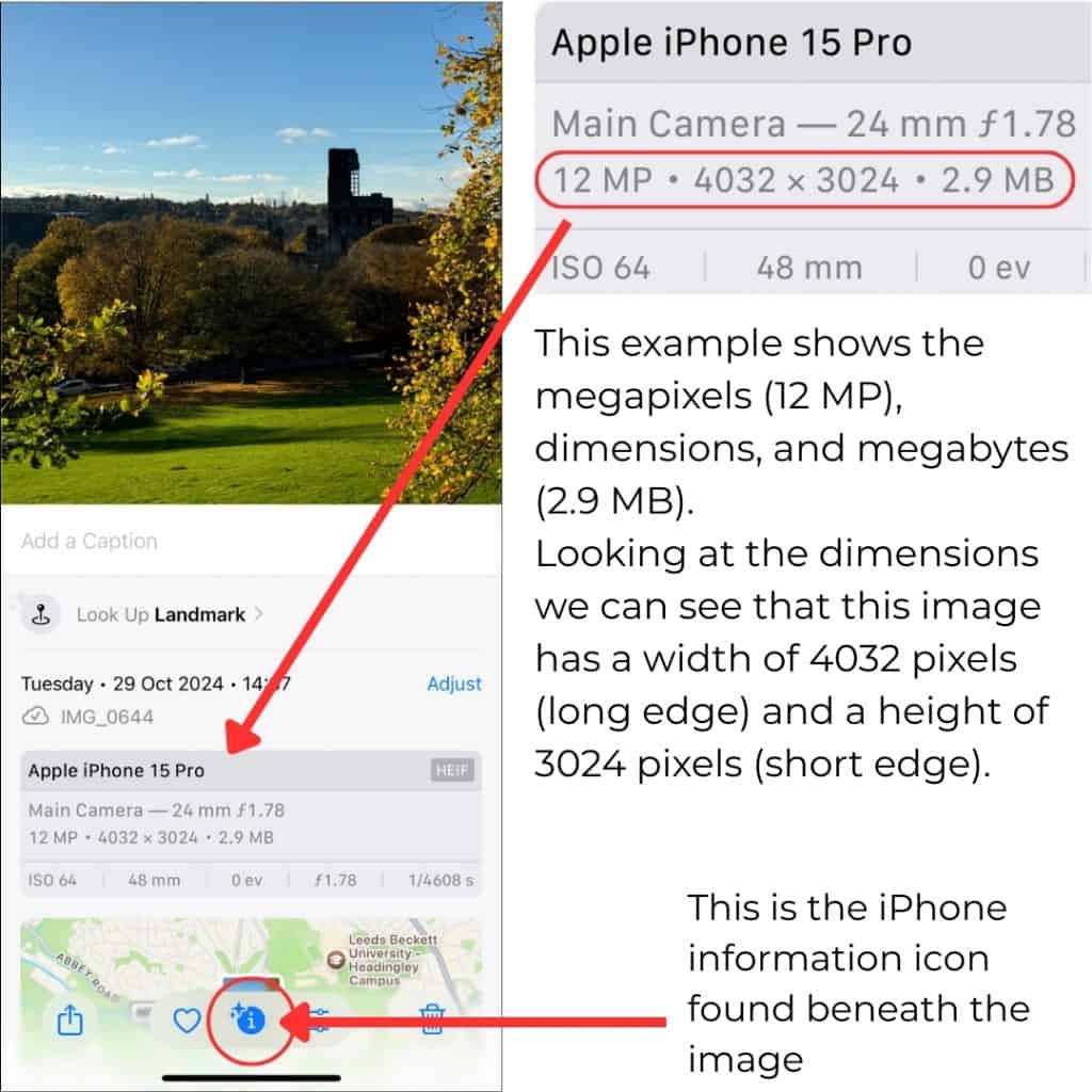 A screenshot from an iPhone. It shows the data from an photograph, highlighting the dimensions in pixels. The width is 4032 pixels and the height is 3024 pixels.