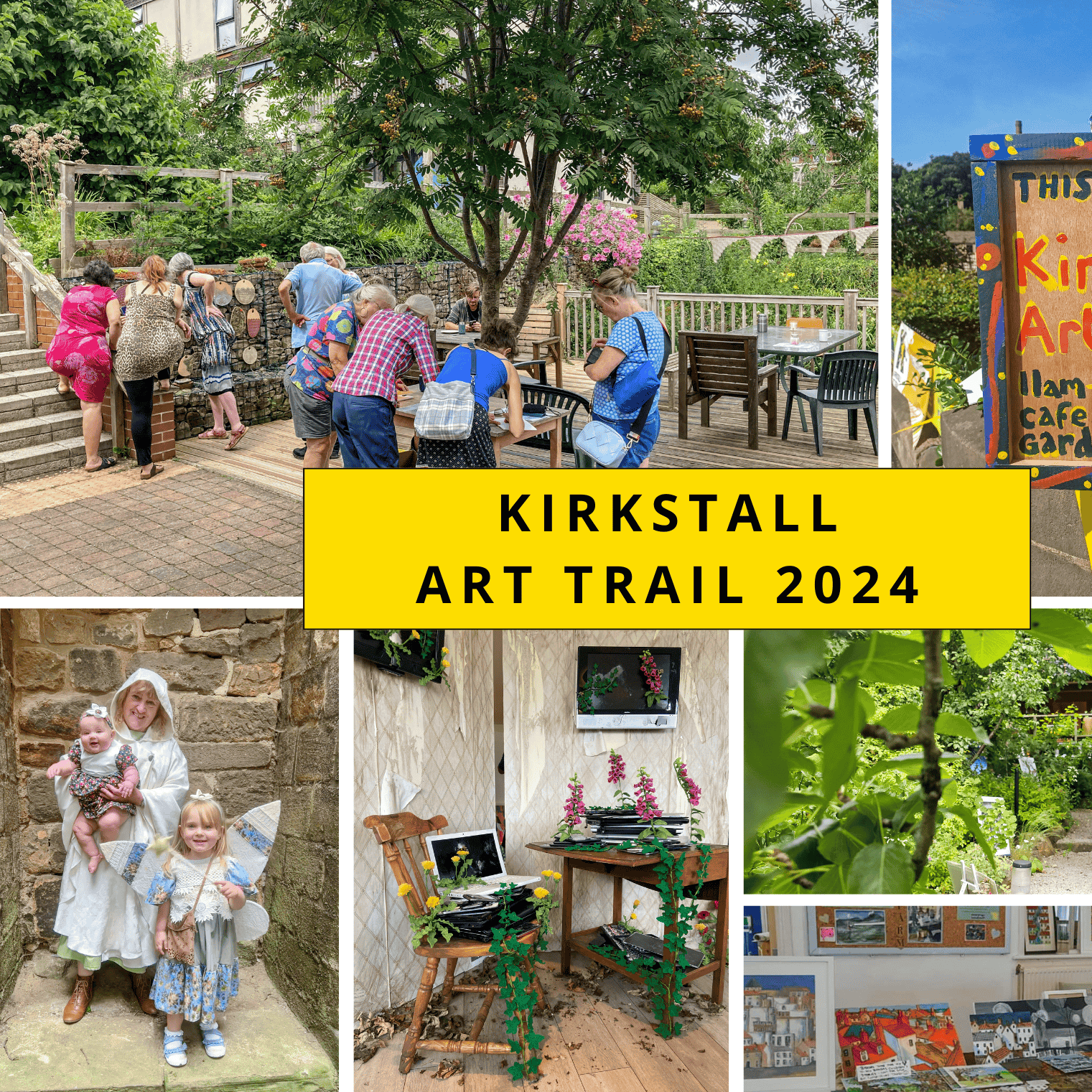 A gallery of images from Kirkstall Art Trail 2024. They are displayed in a collage and presented like a postcard.