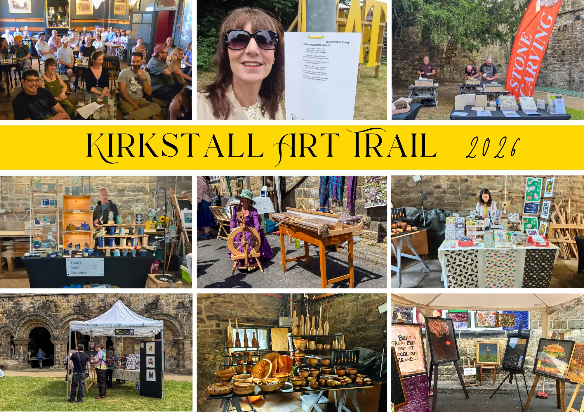 Collage of photos from Kirkstall Art Trail 2026, showing craft stalls, a poet, an audience at a spoken word event, and live weaving and stone carving demonstrations, with a "Kirkstall Art Trail 2026" title graphic.