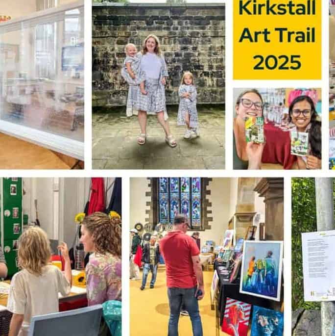 A postcard collage with different venues, art works, and people. Kirkstall Art Trail 2025